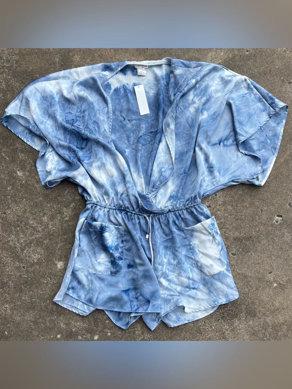 Ariella Blue Tie-Dye Short Sleeve Romper with Pockets